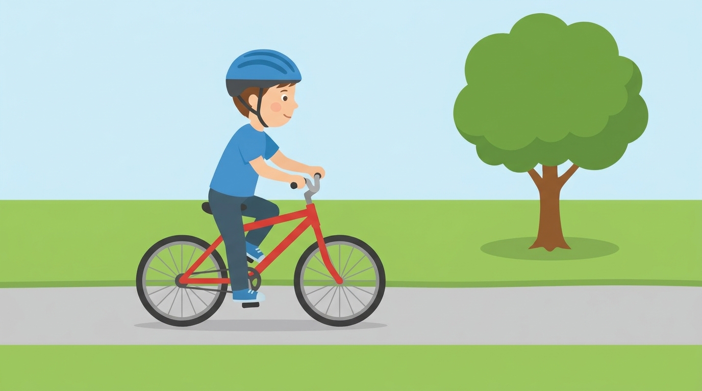 A boy wearing a blue helmet rides a red bicycle along a gray path, with a large green tree and green grass in the background, light blue sky above.