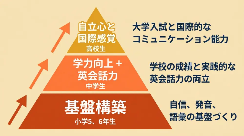 藤枝スターフィッシュ英会話の3段階コース体系：小5・6年生（基盤構築）→中学生（学力向上＋英会話力）→高校生（自立・国際力）