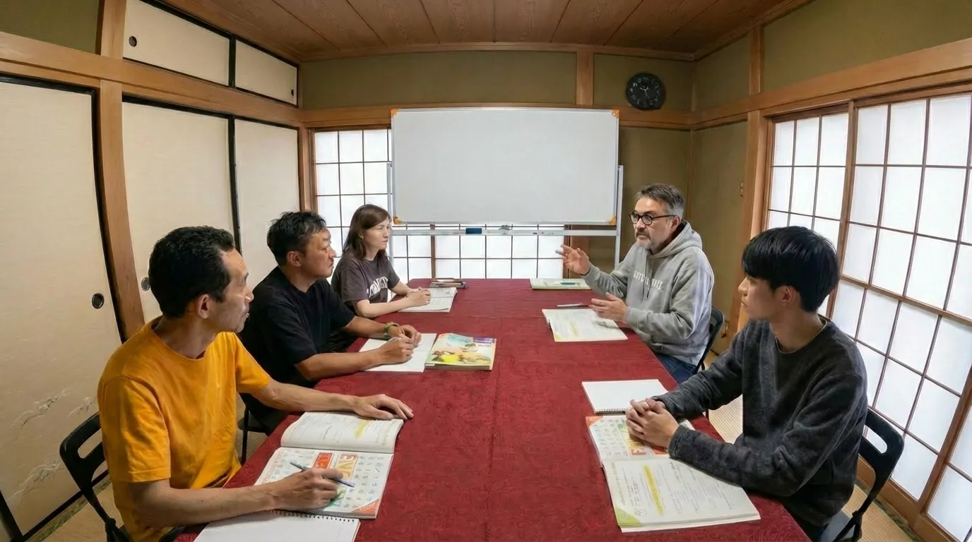 藤枝にある障子戸のあるスターフィッシュ英会話教室の自宅で、リチャード先生が教えている様子 — 4人の生徒が赤いテーブルクロスのテーブルを囲み、教科書を広げている