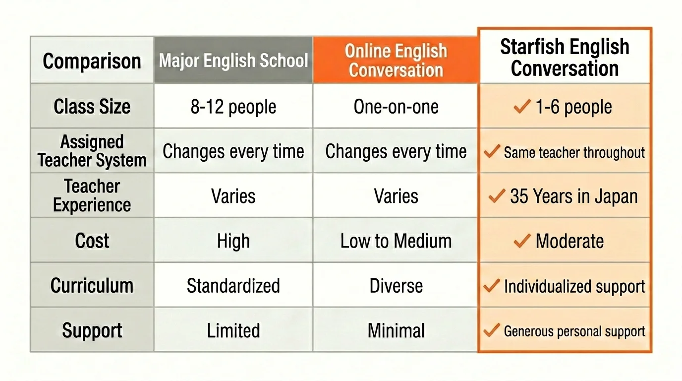 Comparison: Starfish English vs large chain schools vs online lessons — class size, teacher consistency, teacher experience, cost, curriculum, and support